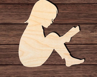Reading Girl Wood Cutout, Unfinished Birch Plywood Book Lover Craft Shape