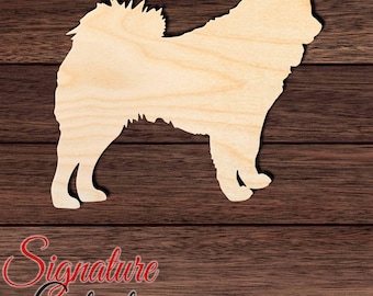May include: A light-colored, unfinished wooden cutout in the silhouette shape of a fluffy dog with a curled tail and pointed ears. The wooden shape features a natural wood grain texture and smooth edges, presented as a flat, decorative craft piece.
