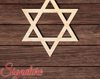 May include: A light-colored wooden Star of David cutout featuring a six-pointed geometric shape formed by two overlapping equilateral triangles. The cutout has a smooth, flat surface and clean, sharp edges, displaying the natural grain of the wood.