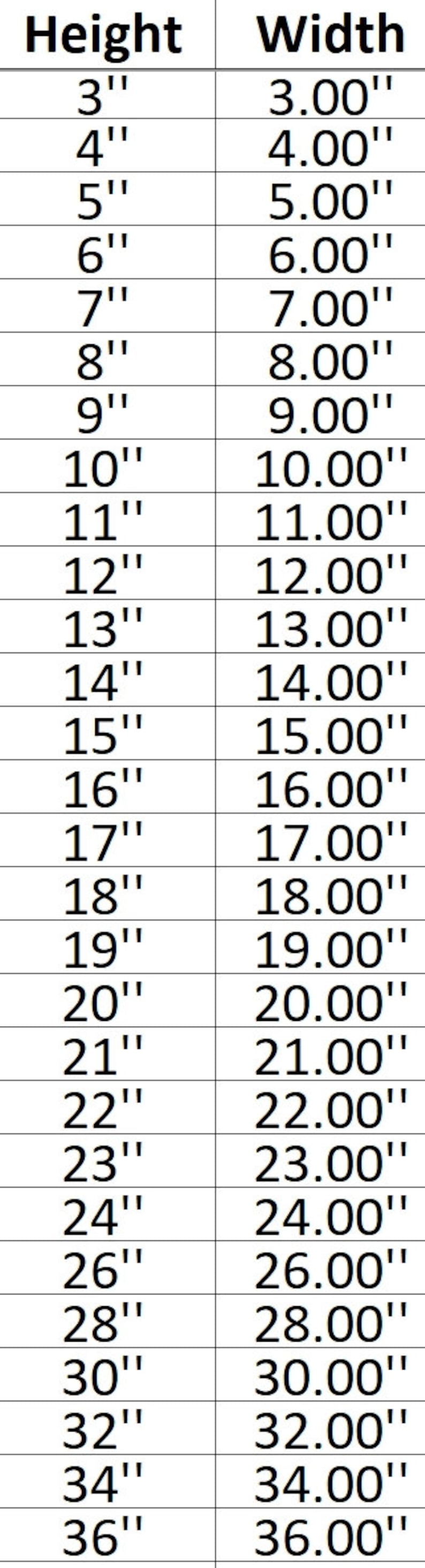 Puede incluir: Un gr&aacute;fico que muestra la relaci&oacute;n entre la altura y el ancho en pulgadas. El gr&aacute;fico muestra que por cada pulgada de altura, hay una pulgada de ancho correspondiente.