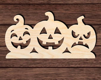 Three Jack O Lanterns Wood Cutout, Unfinished Birch Plywood Halloween Pumpkin Craft Shape 001
