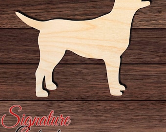 May include: A light-colored, flat wooden cutout in the shape of a standing dog with its head tilted upward. The cutout features a smooth, natural wood grain texture and is positioned against a dark brown horizontal wood plank background.