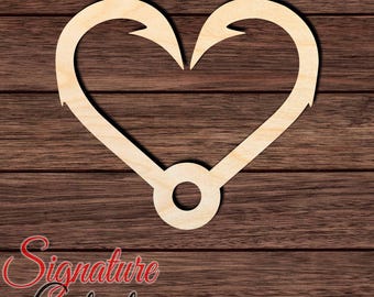 Fish Hook Heart Wood Cutout, Unfinished Birch Plywood Fishing Angler Craft Shape 001