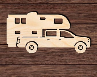 Pickup Truck Camper Wood Cutout, Unfinished Birch Plywood RV Camping Craft Shape 001