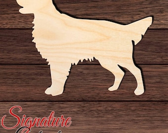 May include: A light-colored, unfinished wooden cutout in the shape of a standing dog, specifically a retriever breed, featuring a smooth surface with visible wood grain patterns and a distinct silhouette showing the head, body, legs, and tail.