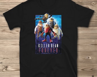 May include: Black t-shirt with a graphic of four cartoon characters in a superhero pose. The characters are wearing different outfits and holding weapons. The text "Killer Bean Forever" is printed below the characters.