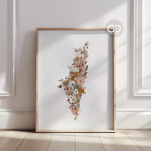 May include: A framed print featuring a vertical arrangement of beige, white, and brown flowers and butterflies. The flowers are clustered together in a cascading design.