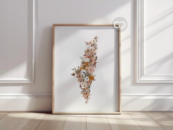 Palestine Map Art Print: Floral Country Wall Decor (UNFRAMED)