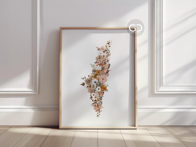 May include: A framed print featuring a vertical arrangement of beige, white, and brown flowers and butterflies. The flowers are clustered together in a cascading design.