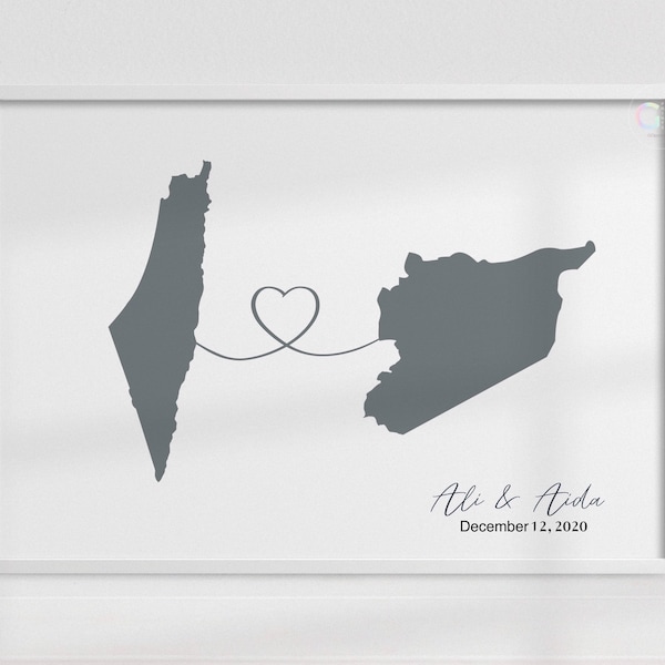 Syria Palestine Personlaized Heart Map Wall Art | Countries Heart Wall Art | Couples Map  | Palestinian Art Prints UNFRAMED