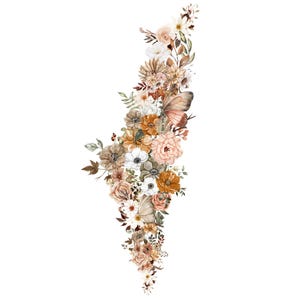 May include: A vertical arrangement of watercolor flowers in shades of brown, orange, and white. The flowers are arranged in a cascading pattern, with butterflies interspersed throughout.