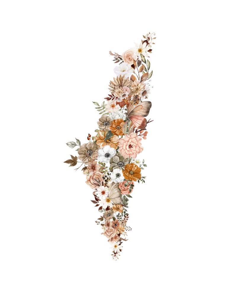 May include: A vertical arrangement of watercolor flowers in shades of brown, orange, and white. The flowers are arranged in a cascading pattern, with butterflies interspersed throughout.