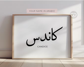 May include: A framed print with the name "Candice" written in Arabic script. The text "Your Name in Arabic" is at the top of the print.