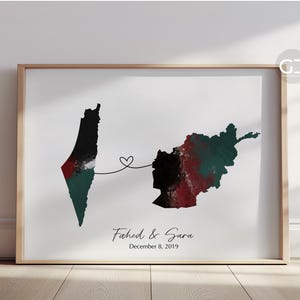 Afghanistan Palestine Heart Map Art Print: Couples Gift (UNFRAMED)