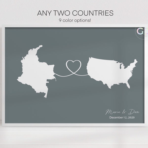 Personalisierte Paare Herz Karte Druck | Länder Herz Wall Art | Gemischtrassige Ehe Karte | Hochzeitsgeschenk Art Prints UNGERAHMT