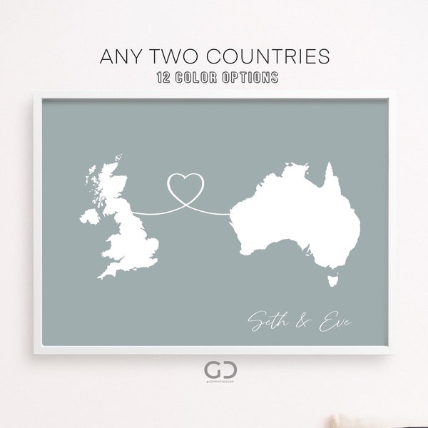 Personalized Couples Heart Map Print | Countries Heart Wall Art | Interracial Marriage Map | Wedding Gift Art Prints UNFRAMED