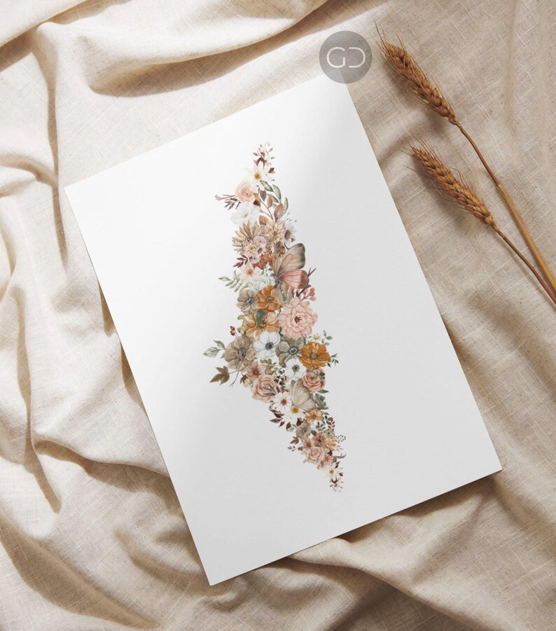 May include: A watercolor print of a floral arrangement in shades of brown, white, and beige. The flowers are arranged in the shape of a tree, with a butterfly perched on a branch.