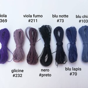 K&ouml;nnte beinhalten: Eine Sammlung von acht Spulen Stickgarn in verschiedenen Schattierungen von Lila, Blau und Schwarz. Die Spulen sind mit italienischen Namen und entsprechenden Farbcodes beschriftet.