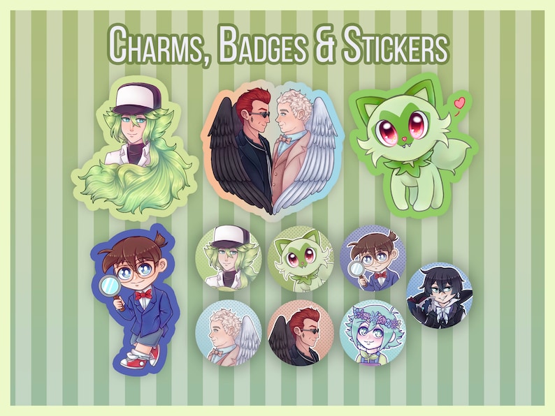 May include: A set of charms, badges, and stickers featuring anime characters. The stickers are round and feature various characters with different expressions. The charms are larger and feature a green-haired character with a white hat, a character with black wings and a red shirt, and a green creature with red eyes. The text "CHARMS, BADGES & STICKERS" is at the top of the image.