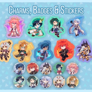 Puede incluir: Un conjunto de 16 charms, insignias y pegatinas coloridos con personajes de estilo anime. Los personajes son todos jóvenes y tienen diferentes peinados y atuendos. Los charms, insignias y pegatinas son todos redondos y tienen un fondo blanco. El texto "CHARMS, BADGES & STICKERS" está en la parte superior de la imagen.