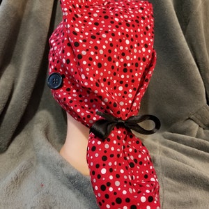Ponytail Pouch Scrub Cap Red Background with Gray, Black and White Dots Normal Volume Hair Size