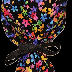 Rainbow Flowers Print Ponytail Pouch Scrub Cap Extra Volume Hair Size