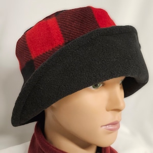 Red and Black Buffalo Check with Black Flapper Anti Pill Fleece Winter Flapper Hat