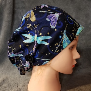 Pixie Style Scrub Cap Blue Background with Dragonfly Print, Euro Style Scrub Cap