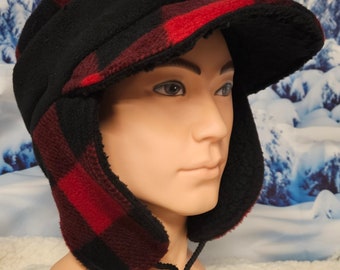 Red and Black Buffalo Check Fleece Aviator Hat with Visor