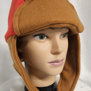 Brown Fleece Aviator Hat with Red Accents | Adult Winter Trapper Hat | Handmade Ear Flap Hat | Warm Anti-Pill Fleece Hat | Halloween Costume