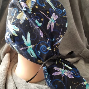 Ponytail Pouch Scrub Cap Navy Background with Dragonfly Print Extra Volume Size