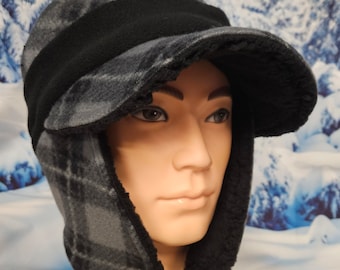 Gray Plaid Print Fleece Aviator Hat with Visor