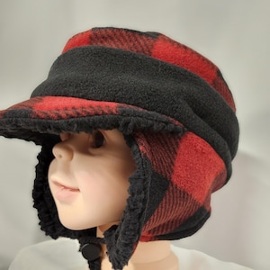 Red and Black Buffalo Check Fleece Aviator Hat with Visor