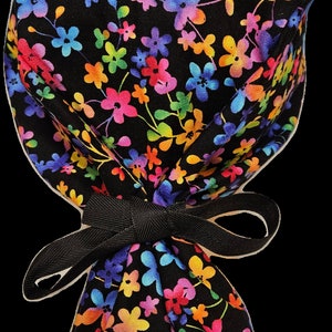 Rainbow Flowers Print Ponytail Pouch Scrub Cap Normal Volume Hair Size