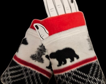 Bear Print Fleece Fingerless Gloves