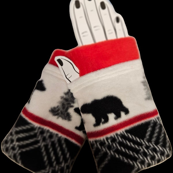Bear Print Fleece Fingerless Gloves