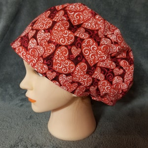 Red Valentine Hearts Print Pixie Style Scrub Caps Limited Collection, Euro Style Scrub Cap