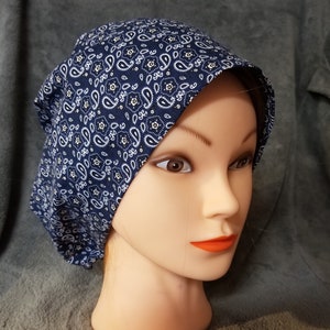 Blue Bandana with White and Black Accents Pixie Style Scrub Caps,  Euro style scrub cap