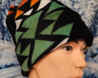 Orange and Green Southwest Print 4 Point Fleece Winter Retro Hat