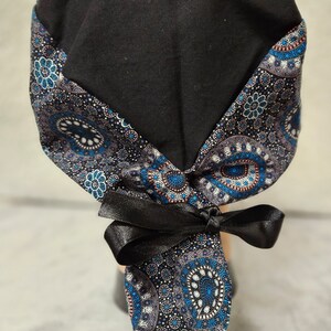 Black and Blue Medalions Print Ponytail Pouch Scrub Cap Extra Volume Size
