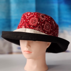 Large wide brim cotton sun hat featuring Red Bandana Print, Sunblocker Hat, Summer Hat, Holiday Hat, Vacation Hat, Handmade, One of a Kind