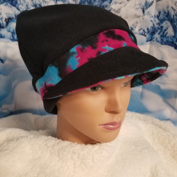 Black Fleece with Paint Splatter Print Band Anti Pill Fleece Newsboy Hat