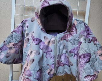 Butterflies Poncho, Car Seat Poncho, Toddler Poncho; Purple and Gray Butterflies; zippered cape