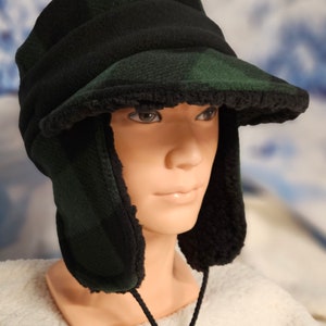 Green and Black Buffalo Check Aviator Hat with Visor