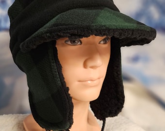 Green and Black Buffalo Check Aviator Hat with Visor