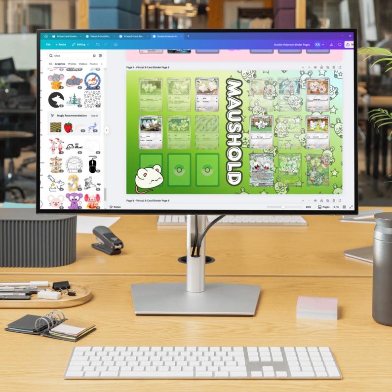 May include: A computer screen displaying a green and white card binder template with the text "MAUSHOLD" in a large, colorful font. The template features a grid of card slots and a cartoon frog illustration.