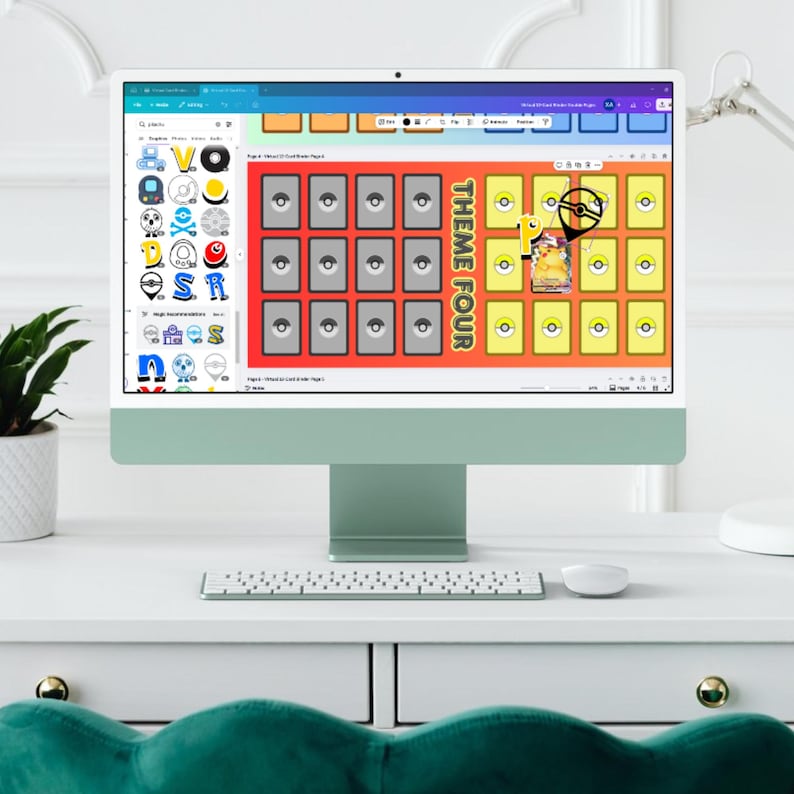May include: A computer screen displaying a digital design template for a Pokemon-themed game board. The board has a red and orange background with the text "THEME FOUR" in a yellow box. The board is divided into 16 squares, each with a gray circle in the center. A Pokemon card is placed on one of the squares.