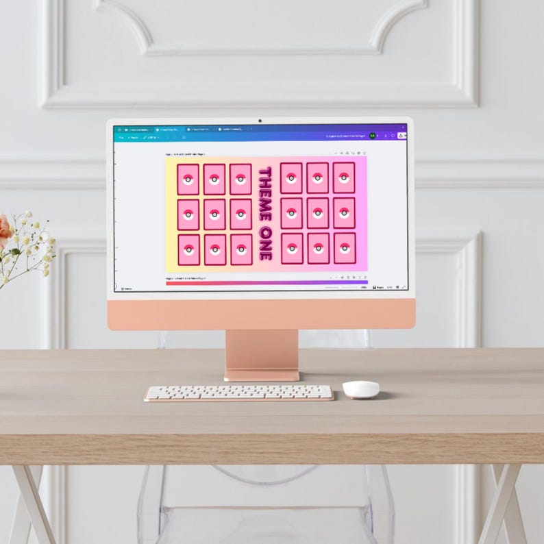 May include: A computer screen displaying a pink and yellow digital design with a grid of 16 squares. Each square has a pink circle with a white eye inside. The text "THEME ONE" is in the center of the design.