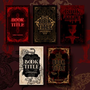 May include: A collection of book covers with gothic and fantasy themes. The covers feature ornate frames, decorative fonts, and illustrations of snakes, butterflies, and other mystical elements. The text on the covers reads "BOOK TITLE" and "AUTHOR LASTNAME".