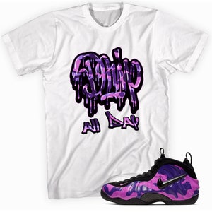 purple camo foams outfit